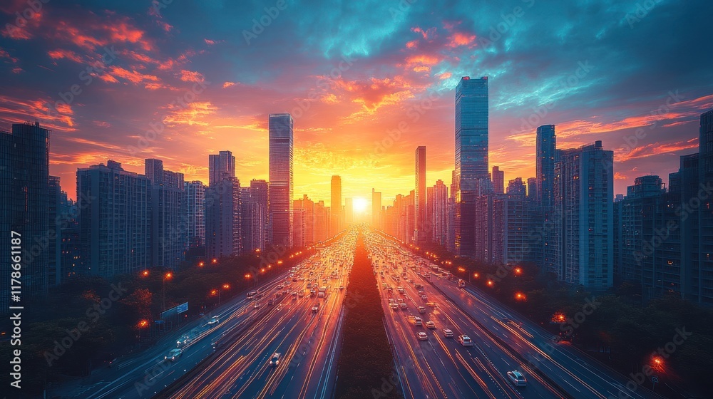 Fototapeta premium A vibrant sunset over a bustling cityscape with a busy highway.