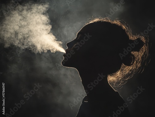 Silhouette of Woman Exhaling Vapor in Light
 photo