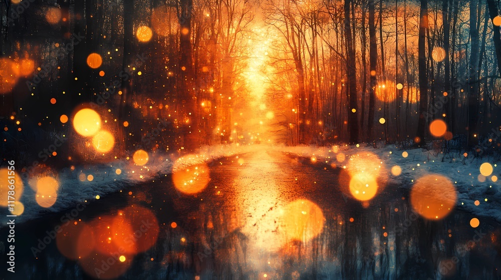 Fototapeta premium Soft blurred golden lights shimmer faintly along a snow-laden forest road evoking a peaceful and dreamy winter wonderland atmosphere