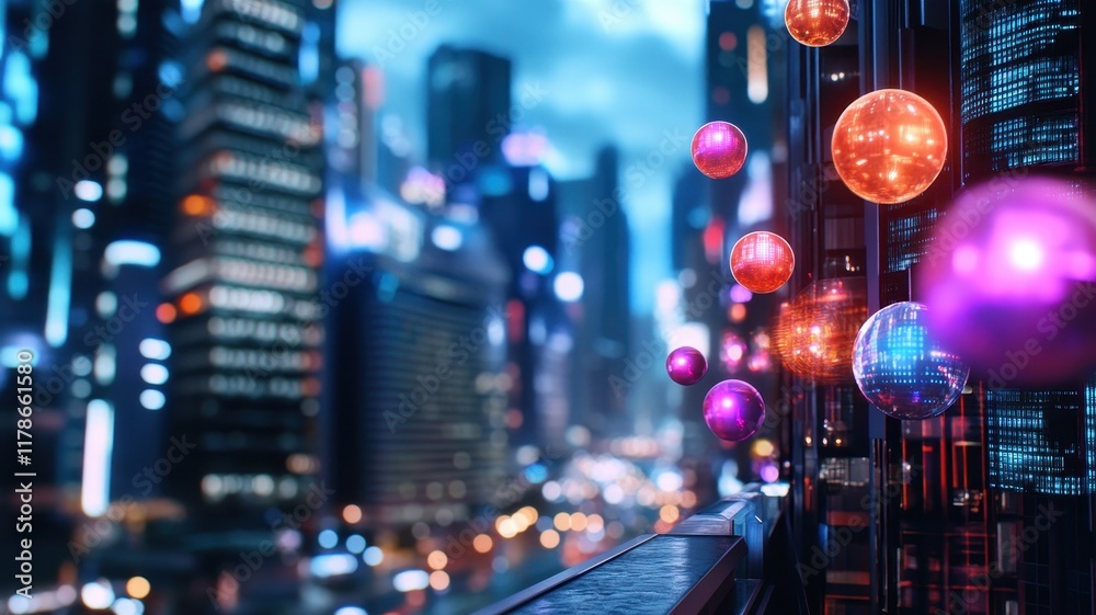 Obraz premium Dynamic blend of blurred traffic lights and vibrant cityscape at night, capturing urban energy and movement.