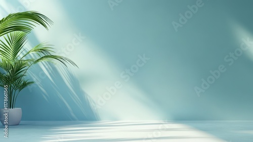 Minimalist concept with palm leaves casting shadows on a serene white background, evoking tranquility and simplicity.
