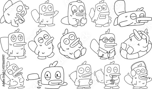 Cartoon platypus character vector set in various poses and expressions, black and white outline style, fun and playful animal design elements for creative projects and illustrations