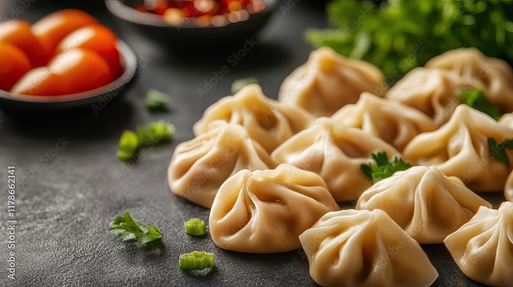 Steamed dumplings served with fresh cilantro and cherry tomatoes, showcasing a delicious and inviting Asian culinary presentation. Steamed dumplings served with fresh cilantro and cherry tomatoes, showcasing a delicious and inviting Asian culinary presentation.