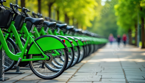 Park bike station with many bright green bikes ready for rent. Eco-friendly public transport option. People walk by. Healthy lifestyle choice. Urban environment. Summer day. City park setting.
