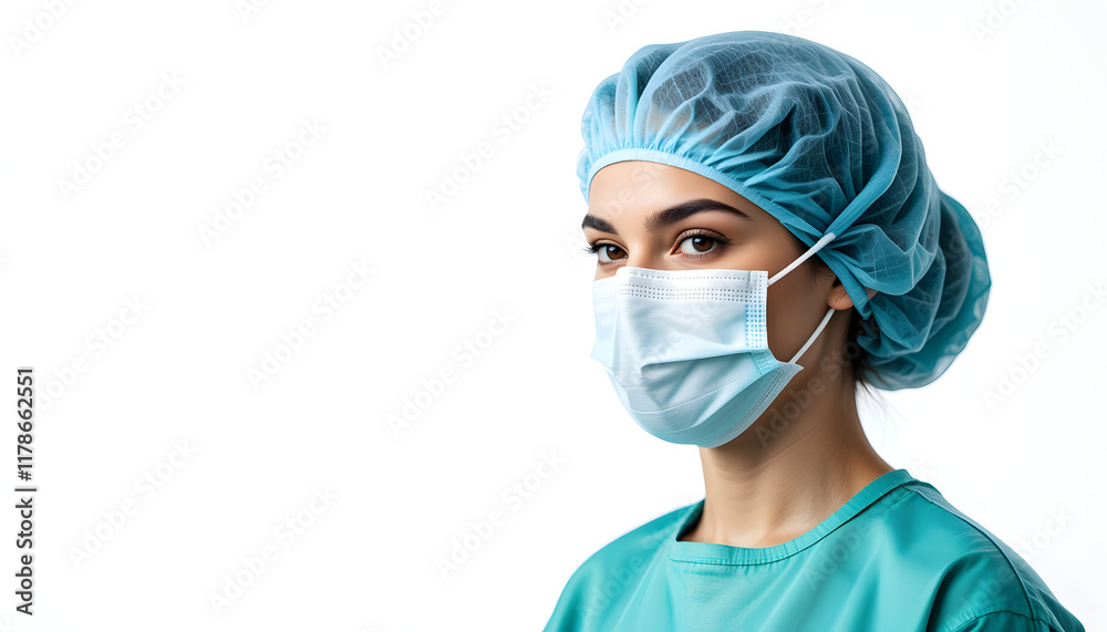 A professional female surgeon stands isolated against a clean, neutral background, exuding a sense of precision and calm authority, professional attire, surgical mask, scrub cap, medical scrubs A professional female surgeon stands isolated against a clean, neutral background, exuding a sense of precision and calm authority, professional attire, surgical mask, scrub cap, medical scrubs