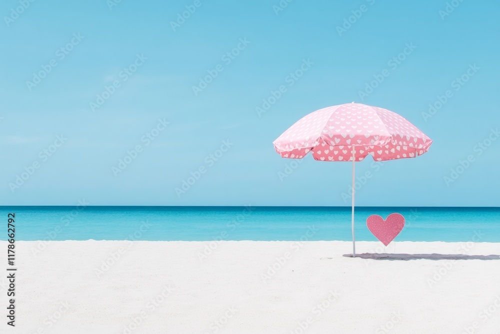 Tranquil Valentines Day Beach Scene with Heart Umbrella and Chairs for a Romantic Honeymoon or Anniversary Escape Tranquil Valentines Day Beach Scene with Heart Umbrella and Chairs for a Romantic Honeymoon or Anniversary Escape