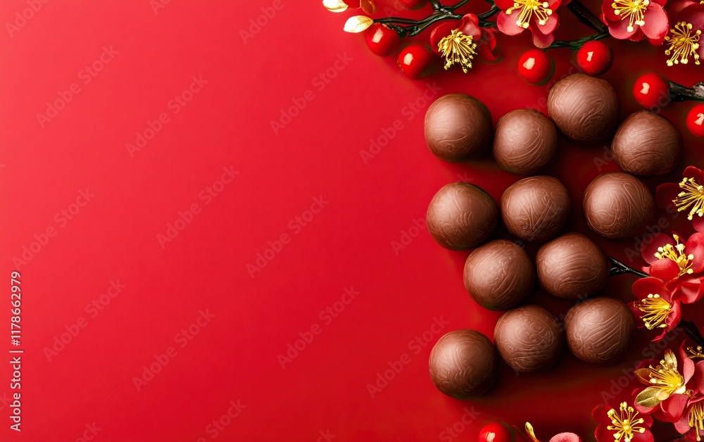 A vibrant red background showcases decorative flowers and a cluster of chocolate truffles, creating a festive and inviting atmosphere. A vibrant red background showcases decorative flowers and a cluster of chocolate truffles, creating a festive and inviting atmosphere.