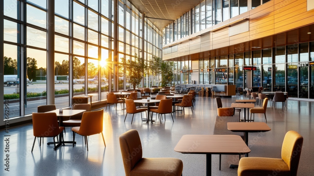 In the warm glow of a summer sunset, the airport hall stretches out, inviting travelers to new adventures.