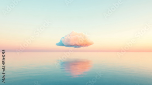 beautiful, One cloud floating over a calm sea, with pastel colors, a minimalistic style, a dreamy atmosphere, soft pink and blue tones, a gradient sky, photorealistic quality, professional-level phot