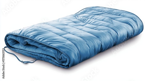 A rolled-up blue sleeping bag, perfect for camping and outdoor adventures, offering comfort and warmth for a cozy night outdoors. photo