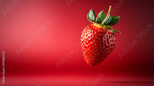 beautiful, A strawberry floating in the air, solid color background, red gradient, high-resolution photography, high detail, high quality, professional lighting, creative and colorful composition, pr photo