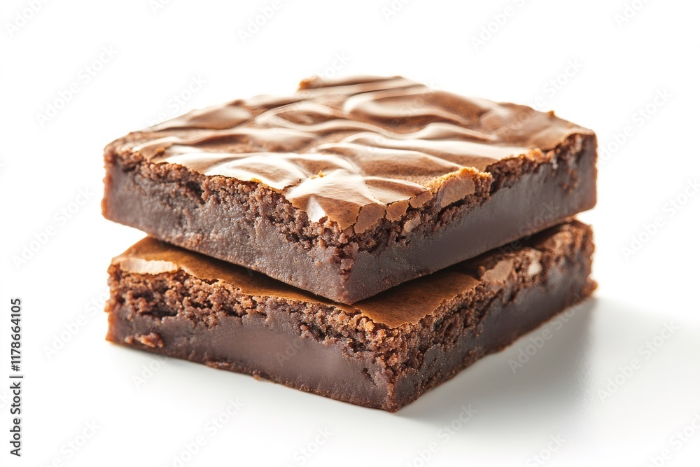 Two delicious brownies stacked on white background Two delicious brownies stacked on white background