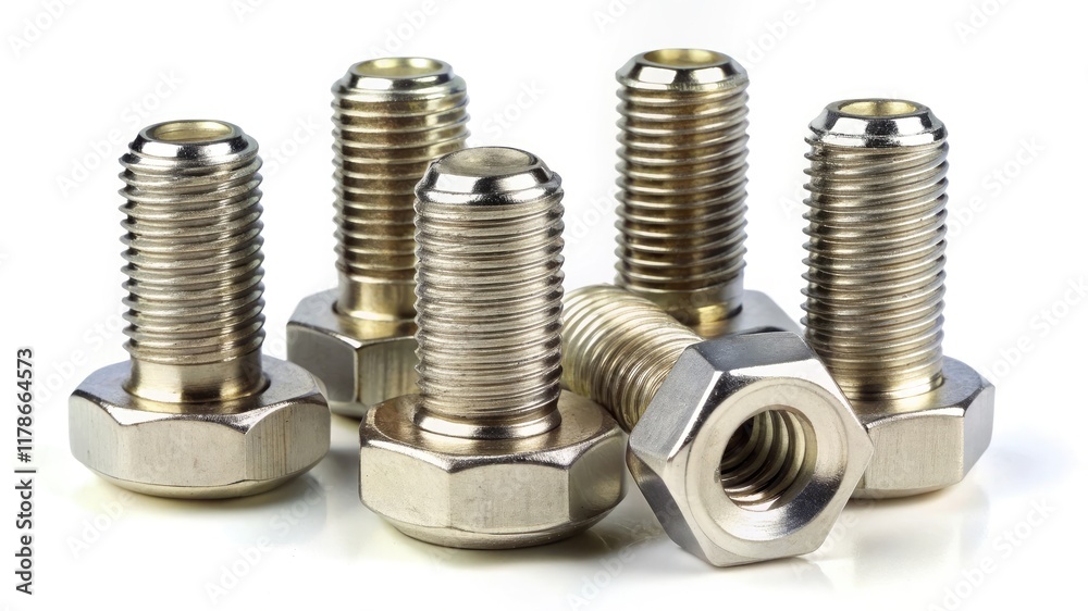 Closeup of bolts, nuts, and screws showing metallic threads and chrome finish on white background Closeup of bolts, nuts, and screws showing metallic threads and chrome finish on white background