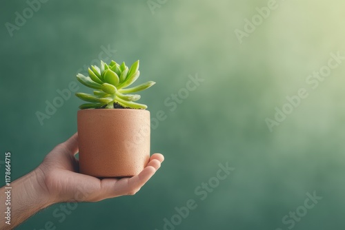 Hand holding green succulent plant in a terracotta pot against a softly blurred green background during daylight photo