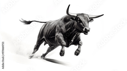 finance, Black and white illustration of an angry bull running, white background, high contrast, full-body shot, side view, ultra-realistic style.