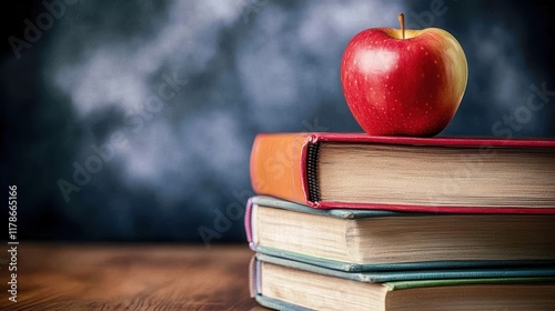 Stack of colorful books with an apple on a teacher's desk. photo