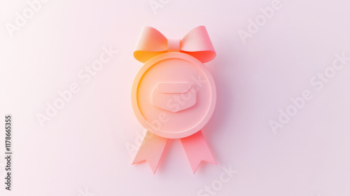 finance, 3D render of a badge icon, in a cartoonish and cute style, with a light pink color and an orange color gradient on a white background, viewed from the top, with no shadow under the ribbon an