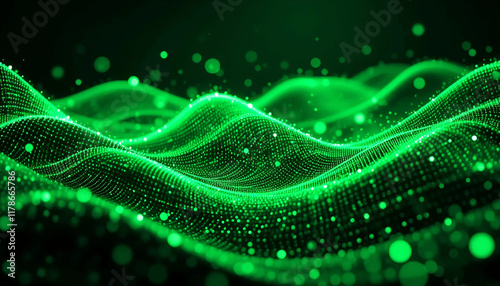 Futuristic green light particles creating abstract digital waves background. digital waves background landscape
