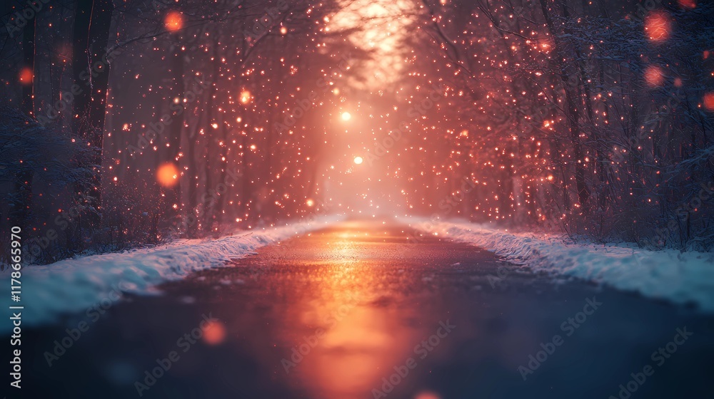 Obraz premium Soft blurred golden lights shimmer faintly along a snow-laden forest road evoking a peaceful and dreamy winter wonderland atmosphere