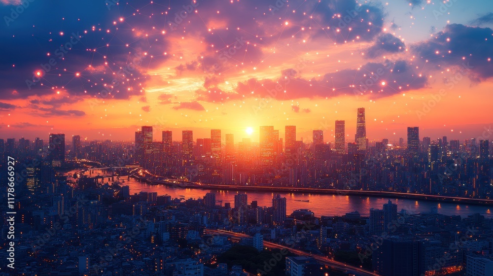 Obraz premium A vibrant sunset over a city skyline, reflecting on water, creating a serene atmosphere.