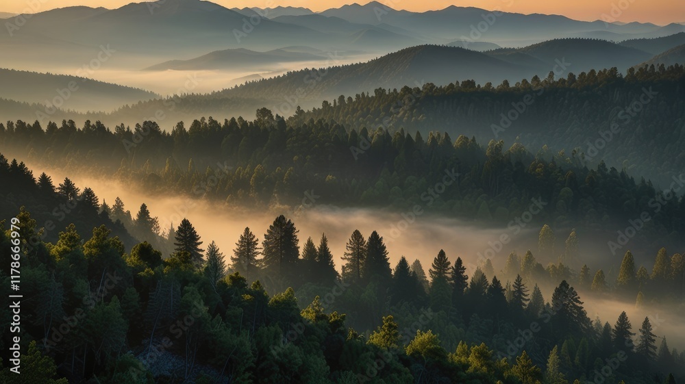 Fototapeta premium mountain wallpaper,Forest covered mountain range with haze at sunset