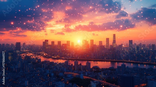 A vibrant sunset over a city skyline, reflecting on water, creating a serene atmosphere.