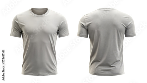 light gray t shirt round neck template from two sides isolated on transparent white background, clipping path