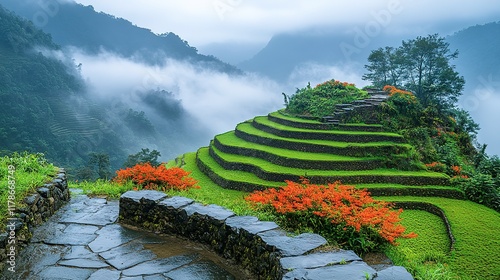 Misty Mountain Rice Terraces Lush Green Landscape photo