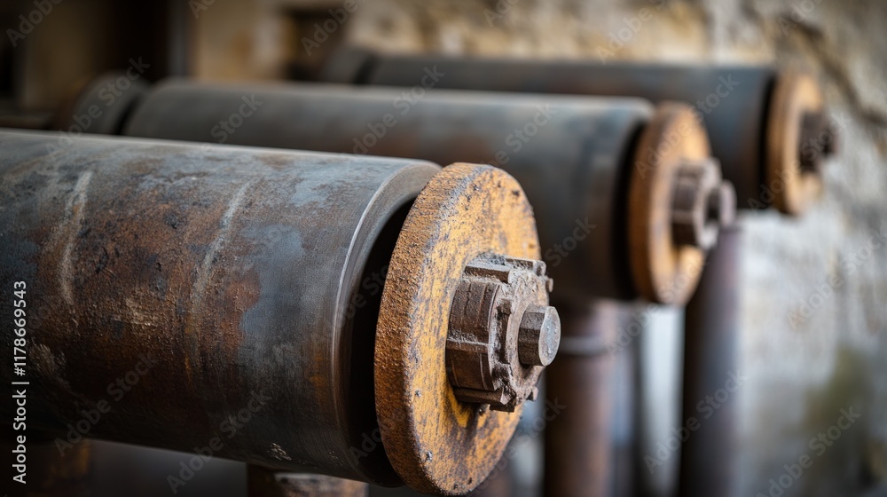 Rusty industrial rollers in a row, close-up. Rusty industrial rollers in a row, close-up.