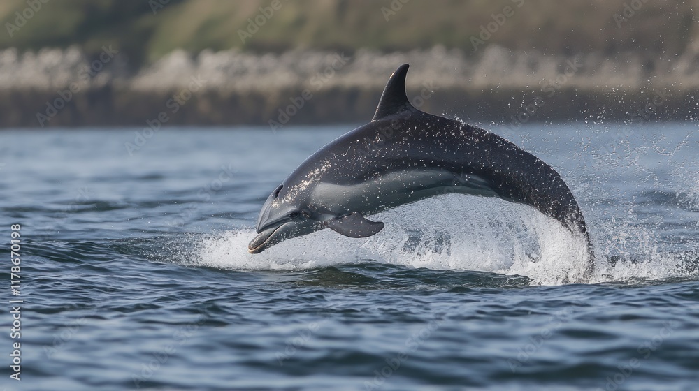A striped dolphin leaps from the ocean, creating a spray of water. A striped dolphin leaps from the ocean, creating a spray of water.
