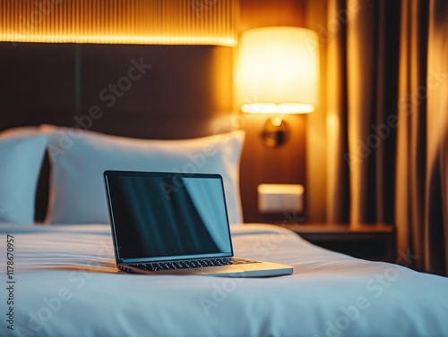  Laptop on bed in modern luxury hotel bedroom. 