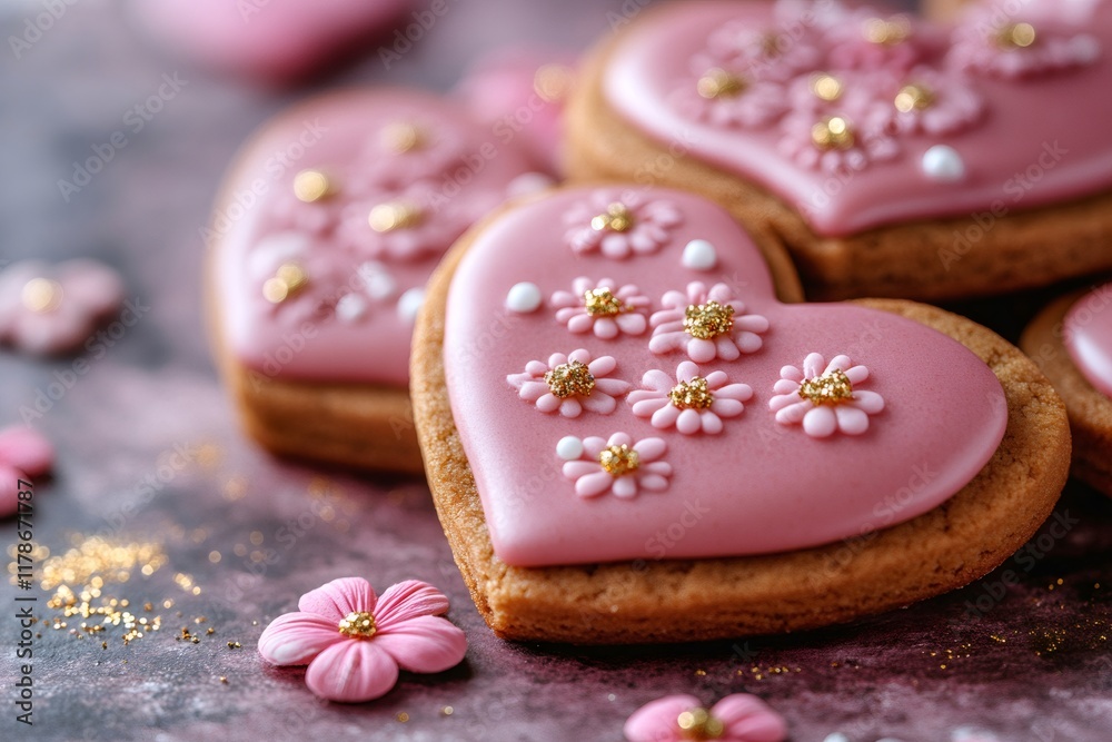 Heart shaped cookies decorated with pink icing and gold glitter for valentine's day Heart shaped cookies decorated with pink icing and gold glitter for valentine's day