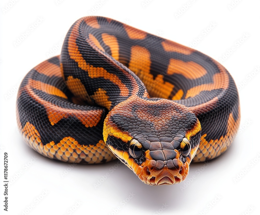 Obraz premium Beautifully Detailed Close-Up of a Colorful Snake with Striking Patterns on Its Scales, Showcasing Vibrant Orange and Black Colors Against a Clean Background