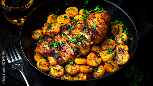 Gently poached chicken served with a side of boiled plantains, Caribbeaninspired recovery cuisine photo