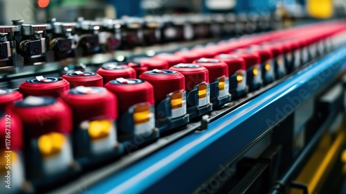 A production line featuring red-capped containers moving along a conveyor belt.