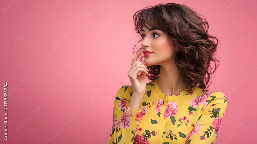 Elegant young female model posing with a pensive thoughtful facial expression while wearing a stylish yellow floral top in a pink studio setting The image captures the beauty fashion Elegant young female model posing with a pensive thoughtful facial expression while wearing a stylish yellow floral top in a pink studio setting The image captures the beauty fashion