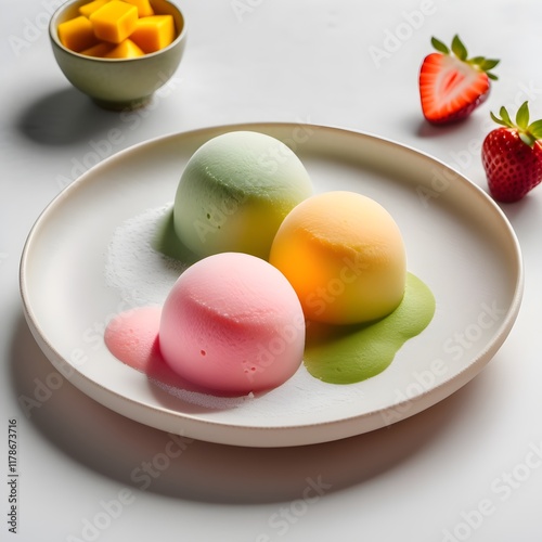 Japanese Mochi Ice Cream in Pastel Colors, mochi ice cream, Japanese desserts, pastel sweets, minimalist dessert, matcha mochi, exotic treats, popular sweets, elegant, rich, smooth, treat, classic