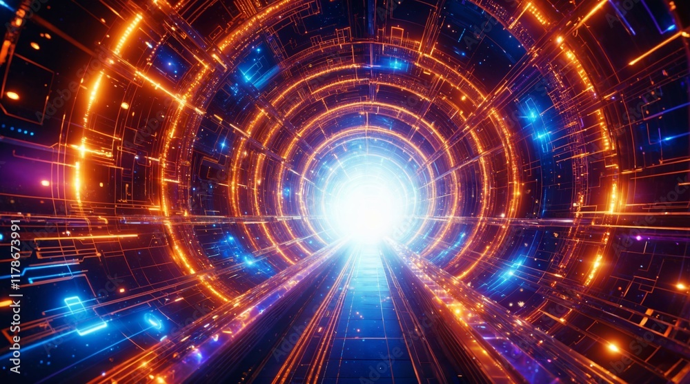 Obraz premium Futuristic Glowing Tunnel with Digital Light Patterns and Energy Portal