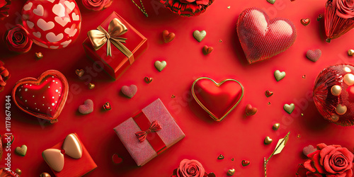 Top view Valentine's Day promotional banner with and elements like heart-shaped gift boxes, on red background