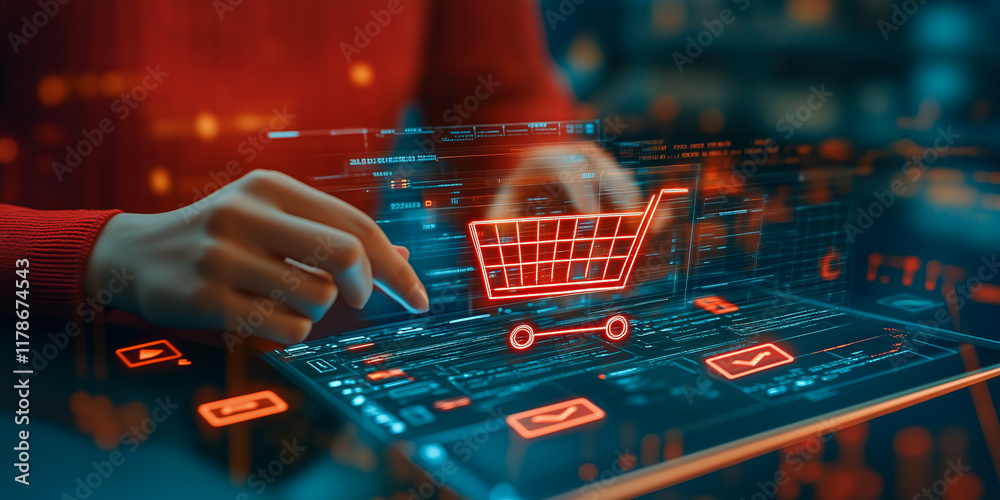 Obraz premium Preisstrategie und Geschäftsplanungskonzept. Geschäftsmann arbeitet an einer digitalen Schnittstelle mit Symbolen für globalen Handel, Kostenanalyse, Rabatte und Verkaufsoptimierung. E-Commerce, Preis