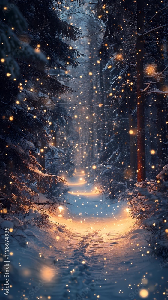 Naklejka premium Enchanting winter forest road with glowing blurred bokeh lights background.