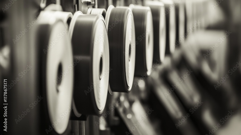 Close-up of industrial spools winding thread in monochrome. Close-up of industrial spools winding thread in monochrome.
