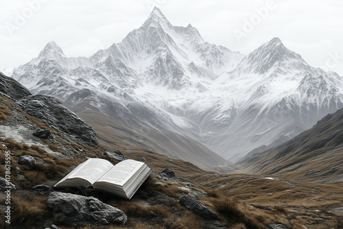 Open book resting on a rugged mountain landscape with towering snow-covered peaks. photo