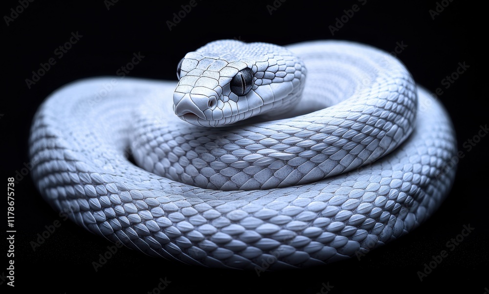 Fototapeta premium Captivating Close-up of an Elegant White Snake Coiled Gracefully Against a Dark Background, Showcasing Unique Scale Patterns and Intriguing Eyes