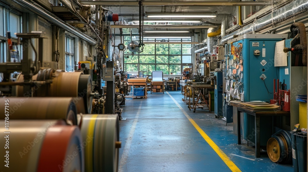 Factory interior with machinery, tools, and materials. Factory interior with machinery, tools, and materials.