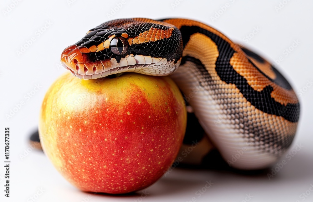 Fototapeta premium Close-Up of a Ball Python Coiled Around a Bright Red Apple on a White Background, Symbolizing the Harmony Between Nature and Nutrition in a Playful Concept