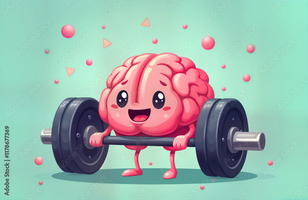Cute cartoon brain character lifts barbell in gym setting. Brain happy, strong. Illustration highlights mental growth, fitness. Concept about exercising mind for intelligence, success. Brain Cute cartoon brain character lifts barbell in gym setting. Brain happy, strong. Illustration highlights mental growth, fitness. Concept about exercising mind for intelligence, success. Brain