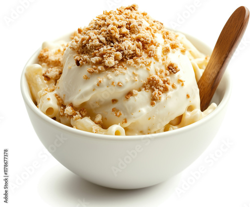 Creamy Mac and Cheese with Golden Breadcrumbs on White photo