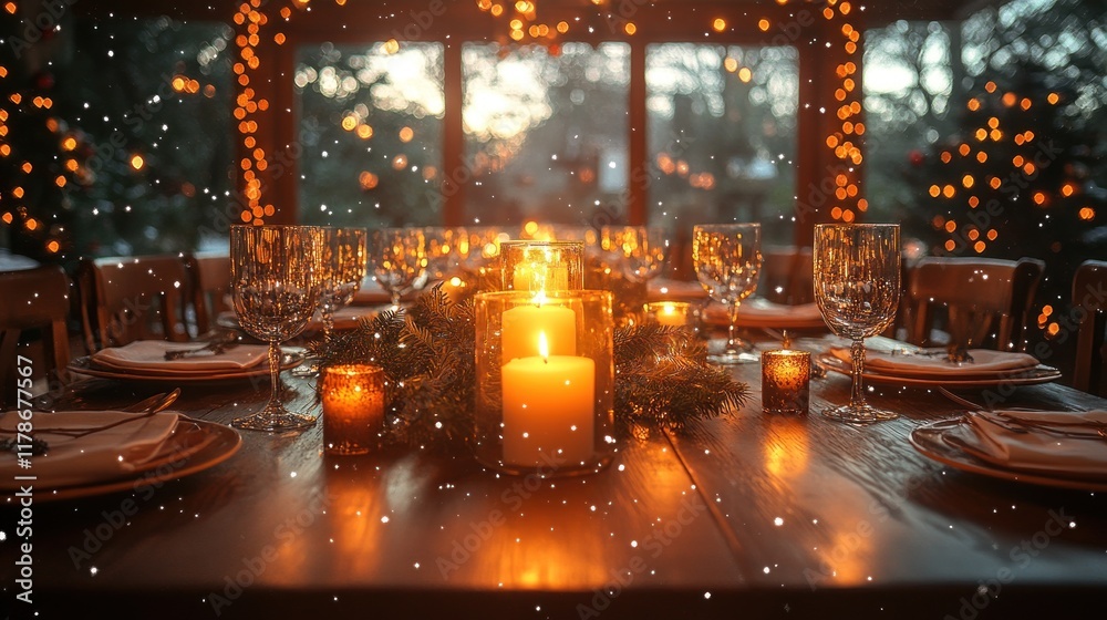Obraz premium Cozy dining setup with candles and festive decor.