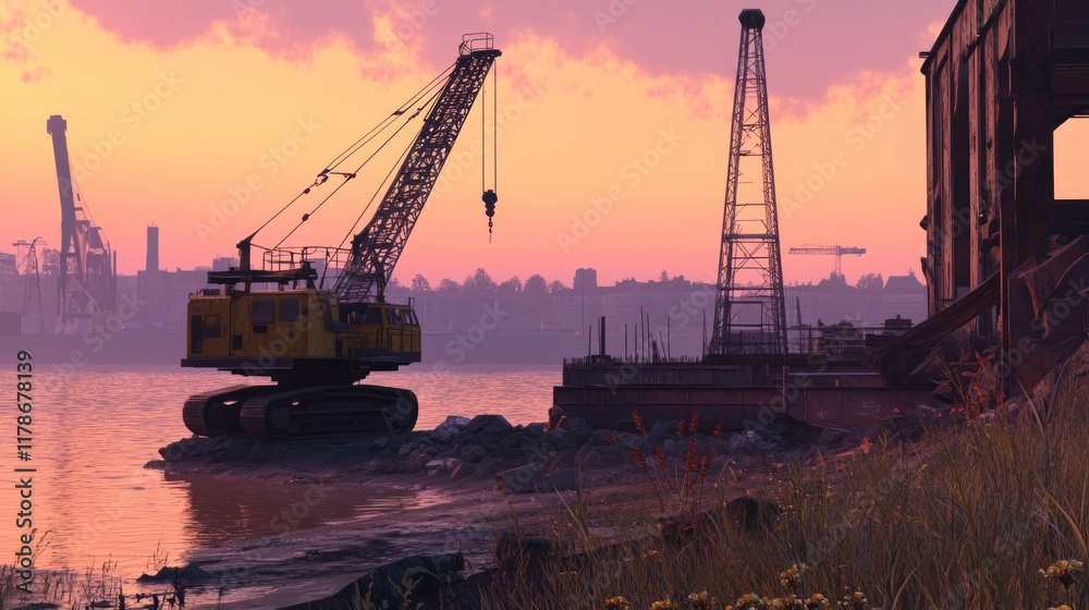 A construction crane by a river during sunset, with industrial structures in the background. A construction crane by a river during sunset, with industrial structures in the background.